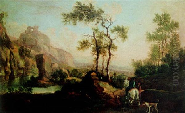 Italienskt Bergslandskap Med Resande Sallskab - view 1
