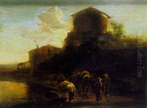 Landscape With Travellers Resting Beside A Pond, A House Beyond by Jan Both