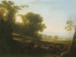 Travellers In A Woody Landscape With Ruins And A River In The Distance by Jan Both