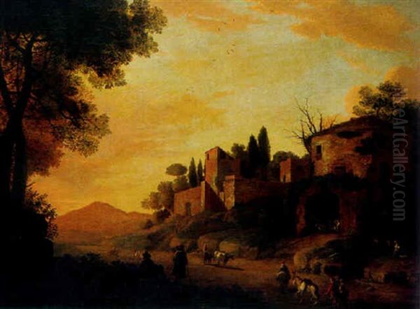 Abendliche Landschaft Mit Architektur Und Figurenstaffage - view 1