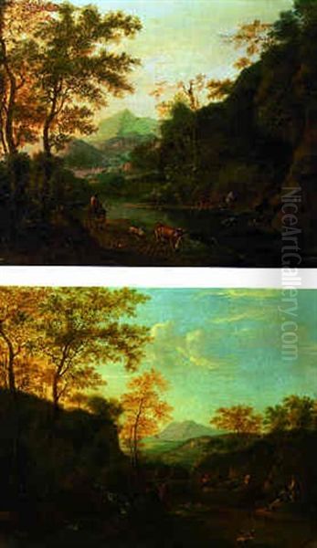 An Extensive Italianate Landscape With Travellers On A Mountain Track With Sportsmen Drinking Water From A Stream - view 1