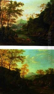 An Extensive Italianate Landscape With Travellers On A Mountain Track With Sportsmen Drinking Water From A Stream by Jan Both