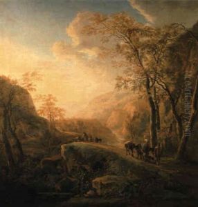 An Italianate Landscape With Muleteers On A Path By A Waterfall by Jan Both