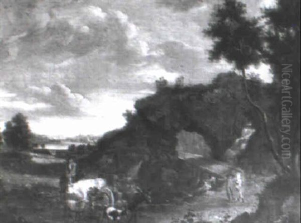 A Traveller With Cattle And Goats On A Track With Figures Before A Waterfall - view 1