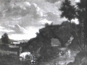 A Traveller With Cattle And Goats On A Track With Figures Before A Waterfall by Jan Both