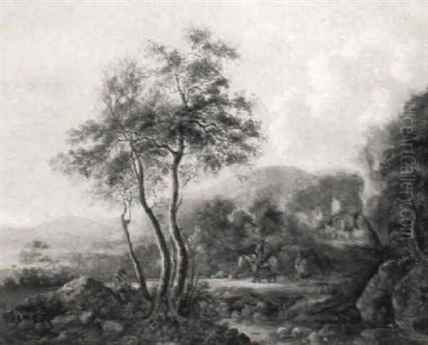 A Rocky Woodland Path With A Rider And Two Companions With A Dog - view 1