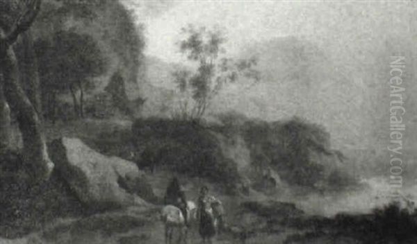 Rocky Landscape With Figures Conversing On Path Before Lake - view 1