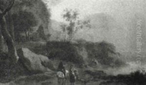 Rocky Landscape With Figures Conversing On Path Before Lake