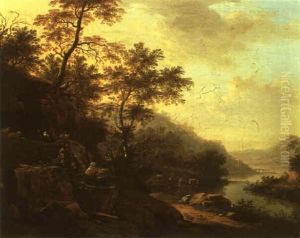 Peasants And Cattle Resting By A River by Jan Both