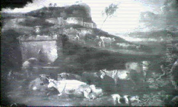 An Italianate Landscape With A Drover At A Fountain With    Cattle, Sheep And A Goat - view 1