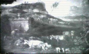 An Italianate Landscape With A Drover At A Fountain With    Cattle, Sheep And A Goat
