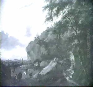 Raububerfall In Waldlandschaft Mit Einem Wasserfall Rechts  Hinter Baumen