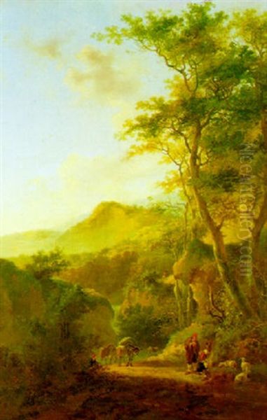 A Rocky Wooded Landscape With A Muleteer                    And A Shepherd On A Mountain Track - view 1