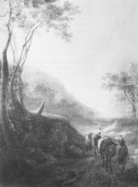 A Rocky Wooded Landscape With Peasants And A Donkey On A Track - view 1