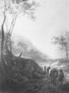 A Rocky Wooded Landscape With Peasants And A Donkey On A Track by Jan Both