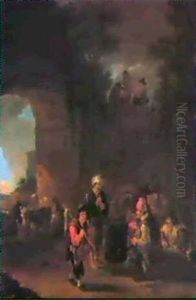 An Encampment Under A Stone Archway With Peasants Roasting Chestnuts Before A Coal Stove by Jan Both