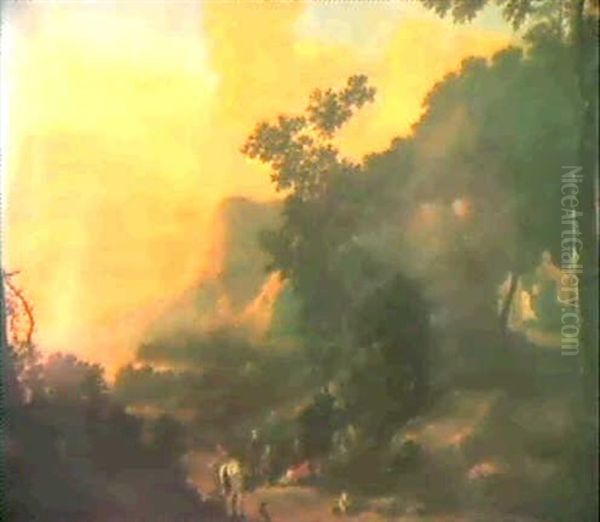A Mountainous Italianate Landscape With A Horseman And Peasants Resting At Sunset - view 1