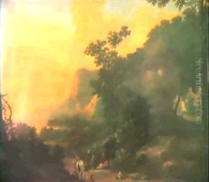 A Mountainous Italianate Landscape With A Horseman And      Peasants Resting At Sunset by Jan Both