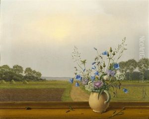 Wiesenblumenstraus Im Krug Mit Biene Vor Fenster by Herbert Boettger
