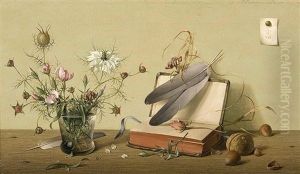 Stilleben Mit Buch, Federn Und Glas by Herbert Boettger