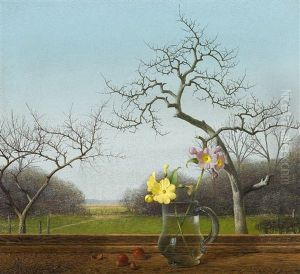Blumenstillleben Mit Haselnussen Vor Fenster by Herbert Boettger