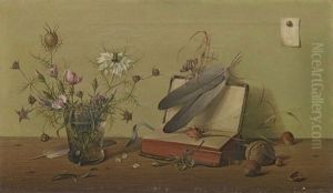 Stilleben Mit Feldblumenstrauss, Nussen, Federn Und Buch by Herbert Boettger