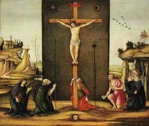 Christ On The Cross Adored By Saints Monica, Augustine, Mary Magdalen, Jerome And Bridget Of Sweden by Sandro Botticelli