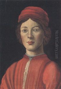 Portrait Of A Boy, Head And Shoulders, In A Red Coat And Cap