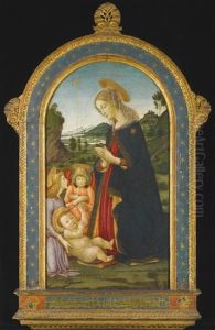 Madonna And Two Angels Adoring The Christ Child by Francesco Botticini