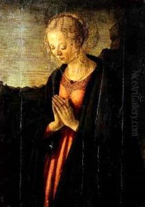 The Virgin In Prayer, A Distant Landscape Beyond by Francesco Botticini