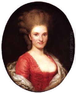 Portrait Of A Lady Wearing A Red Dress And A Grey Satin Shawl