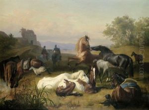 Campagnalandschaft Mit Pferden Bei Der Tranke by John William Bottomley