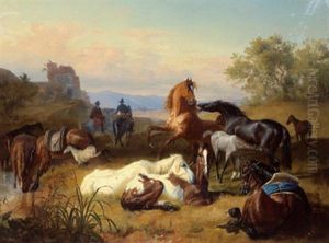Rastende Pferde In Der Campagna by John William Bottomley