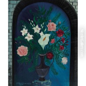 Bouquet De Fleurs, Fond Bleu by Simone Mary Bouchard