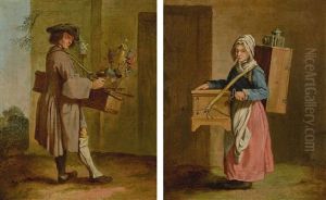 A Man Selling Toy Windmills; And A Woman Playing The Barrel Organ In A Street As She Carries A Magic Lantern On Her Back by Edme Bouchardon