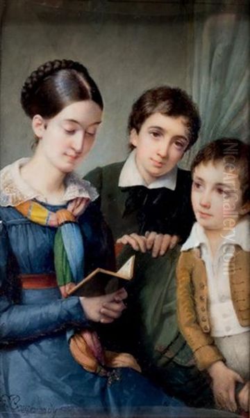 <la Petite Famille>: Portrait De Madame Bouchardy Et Ses Fils Etienne Et Joseph Bouchardy, Cette Derniere Vetue D'une Robe De Soie Bleue Et Faisant La Lecture, Dans Un Interieur - view 1