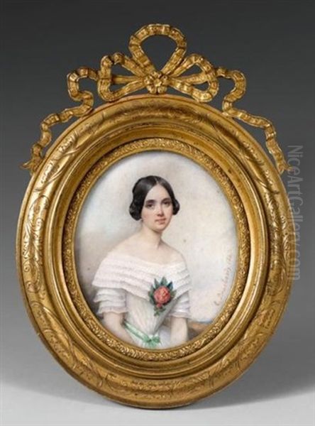 Portrait De Jeune Femme En Robe Blanche Ornee D'un Carnelia - view 1