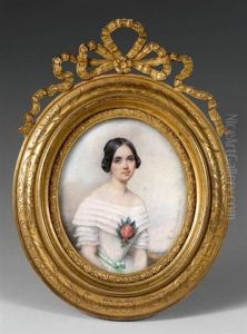 Portrait De Jeune Femme En Robe Blanche Ornee D'un Carnelia by Etienne Bouchardy