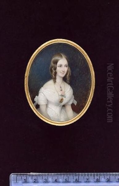 A Lady Wearing White Dress With Bows On The Sleeves And Gold Strand Necklace With Pendant, A Pink Rose And Portrait Miniature At Her Corsage - view 1