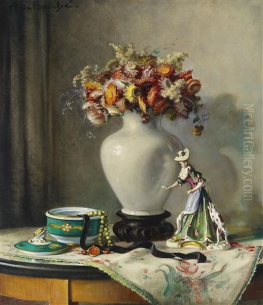 Stillleben Mit Blumen In Vase Und Porzellanfigur - view 1