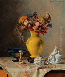 Stilleben Mit Trockenblumen In Gelber Vase, Porzellandosen Und Jugendstilschale by Arnulf De Bouche