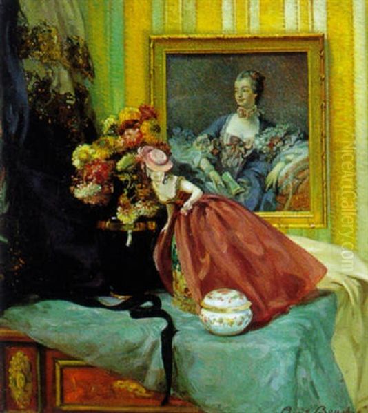 Stilleben Mit Blumenstraus, Reifrockpuppe Und Porzellandose Vor Einem Damenportrait - view 1