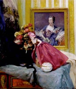 Stilleben Mit Porzellanfigur, Deckeldose Und Blutenstraus Vor Drapiertem Stoff Und Pompadour-portrat