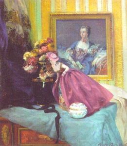 Flowers In A Vase, A Doll And A Jar And Cover On A Draped Chest Of Drawers by Arnulf De Bouche