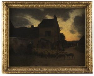 Village At Dusk With Sheep Village At Dusk With Sheep