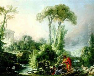 Landscape With Peasants Resting And Playing In A Stream And Medieval Ruins