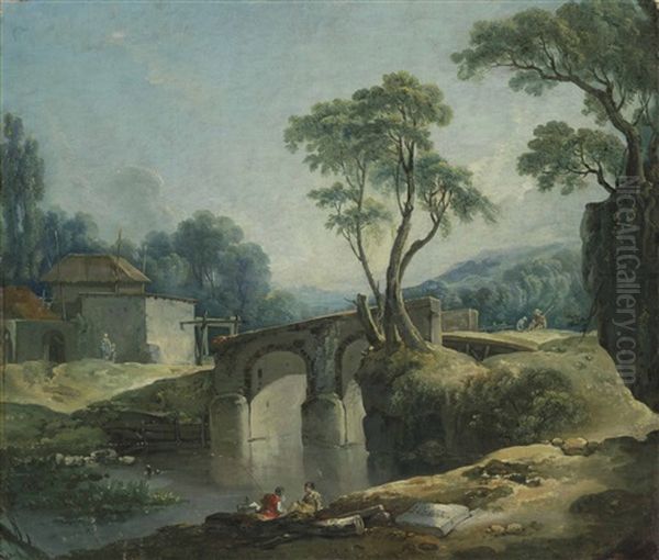 A Wooded Landscape With A Bridge Over A River And A Peasant Couple Fishing In The Foreground, A Farm Beyond - view 1
