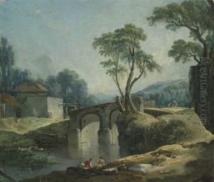 A Wooded Landscape With A Bridge Over A River And A Peasant Couple Fishing In The Foreground, A Farm Beyond A Wooded Landscape With A Bridge Over A River And A Peasant Couple Fishing In The Foreground, A Farm Beyond