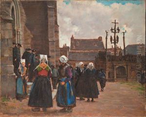 Plougastel, La Sortie De L'eglise by Joseph Felix Bouchor