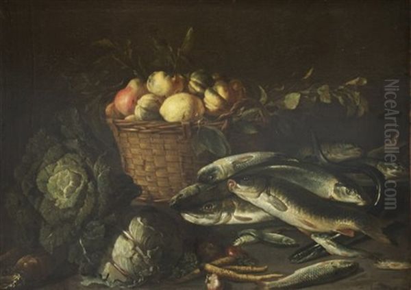 Still Life Of Fish, Vegetables And Fruit In A Wicker Basket - view 1
